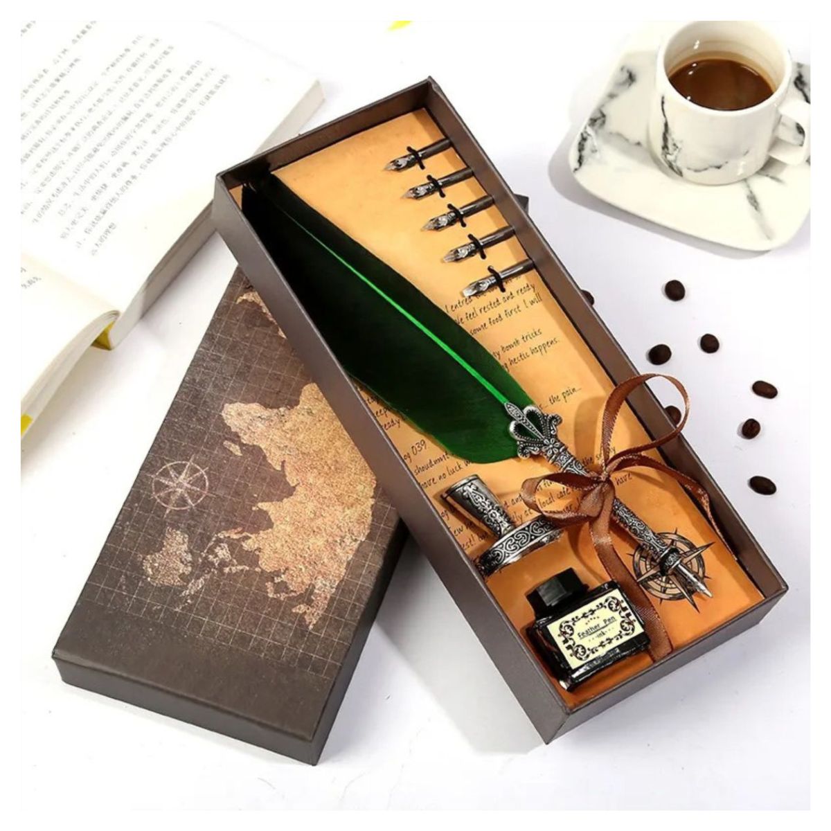 Kit Caneta Tinteiro Pena Verde Antiga Simples Kit Caneta Tinteiro Pena Verde Antiga Simples